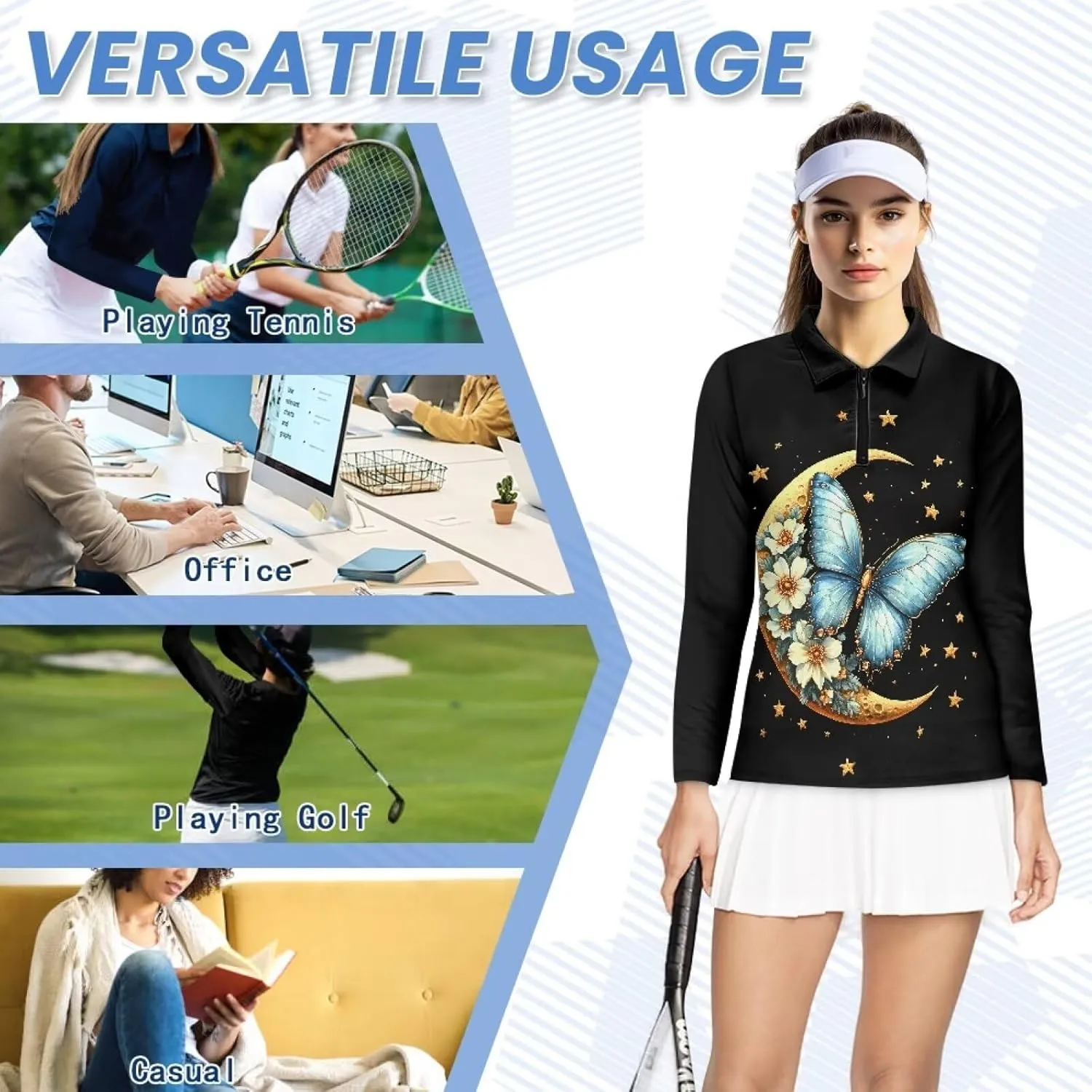 Suobstales Women's Long Sleeve Golf Polo Shirts Zip Up Pullover Workout Tops Athletic Tennis Shirt Plus Size XS-2XL