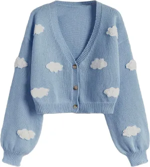 SweatyRocks Women's Graphic Pattern Button Down Knit Cardigans Long Lantern Sleeve Sweater Coats