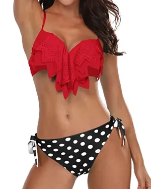 Sweetheart Neck Ruffle Bikini Sets Sexy Teen Girls Swimsuit-Red Dot