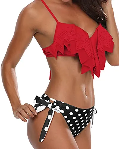 Sweetheart Neck Ruffle Bikini Sets Sexy Teen Girls Swimsuit-Red Dot