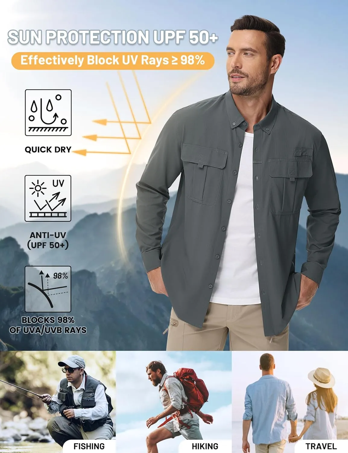 TACVASEN Mens Long Sleeve Sun Protection Shirt UPF 50  Quick Dry Fishing Cooling UV Shirts Outdoor Tactical Hiking Shirts