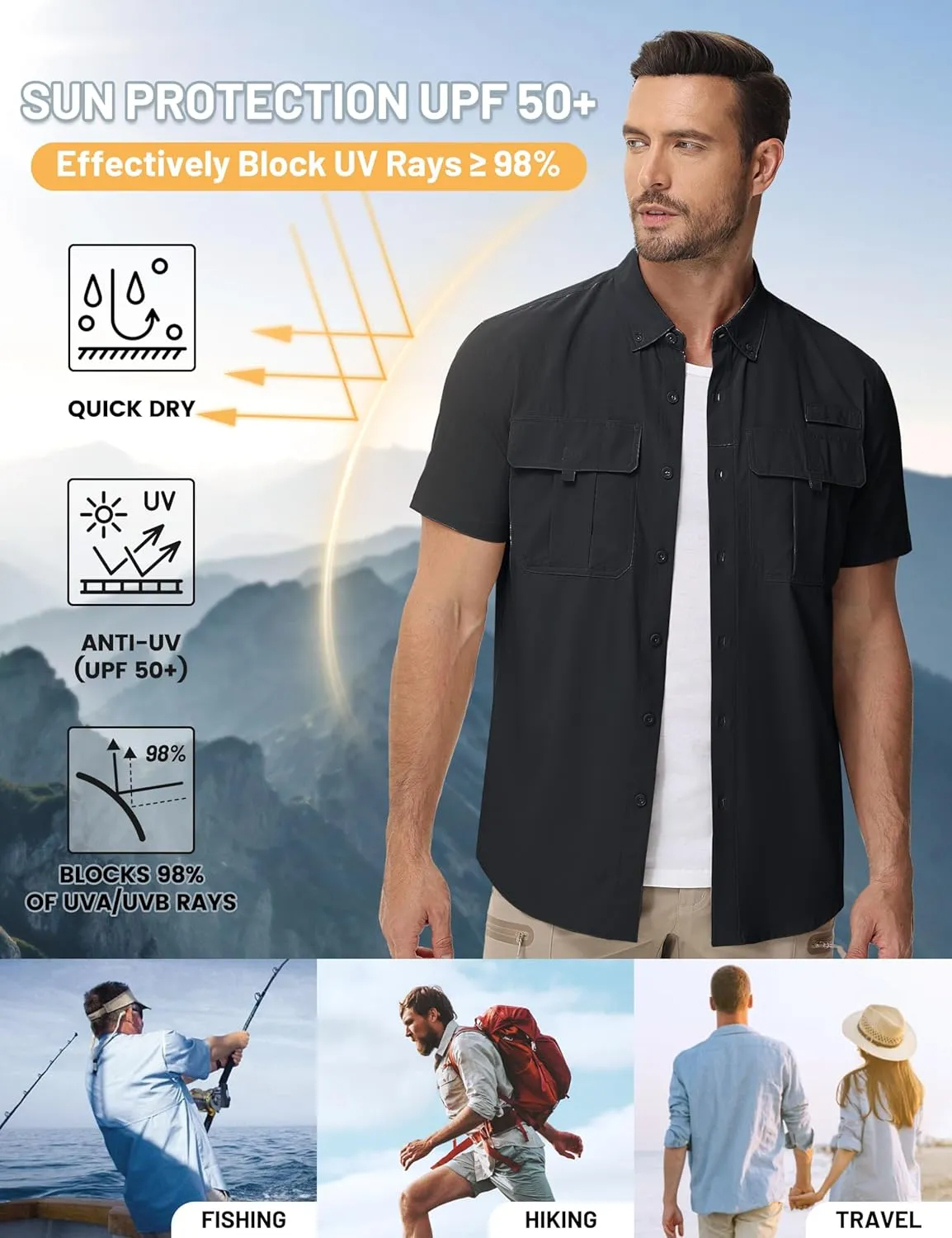TACVASEN Mens Short Sleeve Sun Protection Shirt UPF 50  Quick Dry Fishing Cooling UV Shirts Outdoor Tactical Hiking Shirts