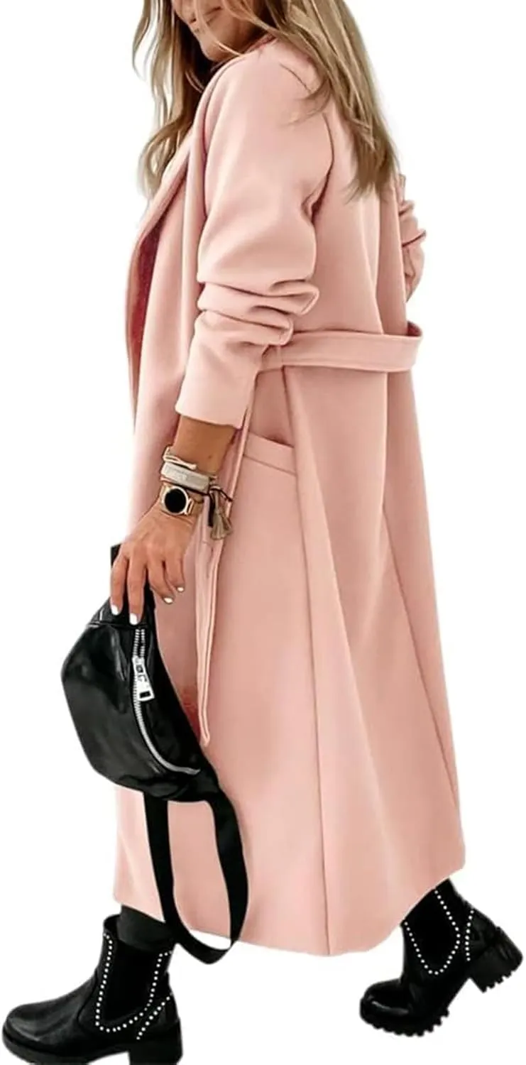 Tankaneo Womens Notched Lapel Collar Coats Open Front Long Jackets Overcoat with Belt