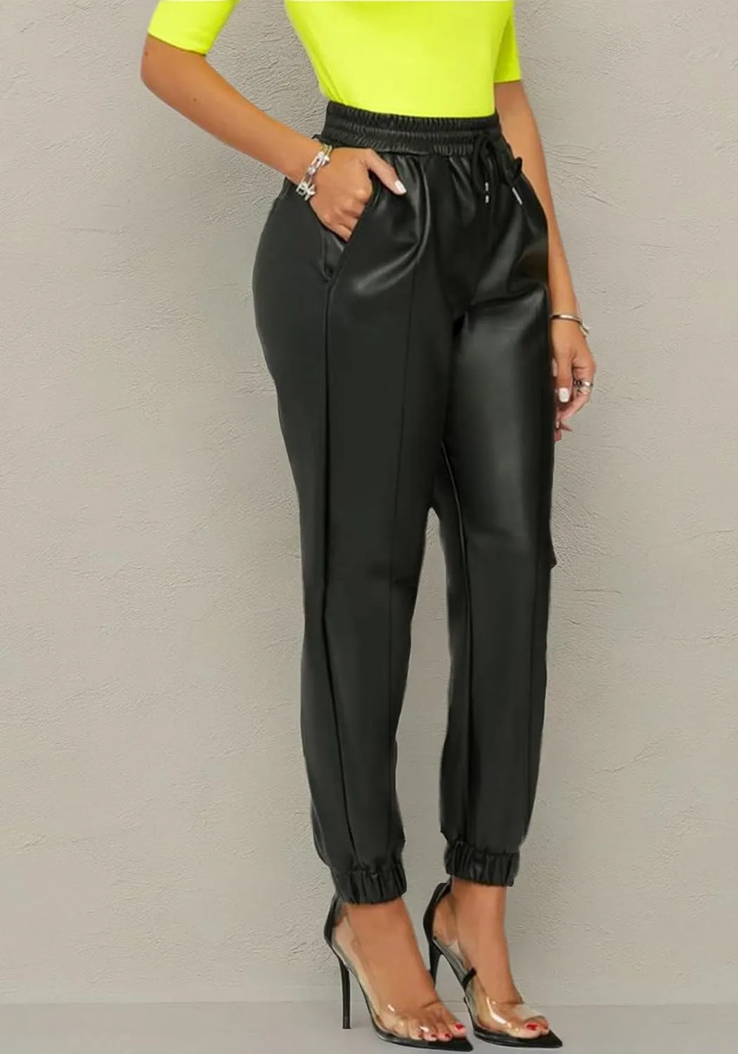 Tcremisa Women's Faux Leather Pants Drawstring Elastic High Waist Joggers Casual Loose Trousers with Pockets