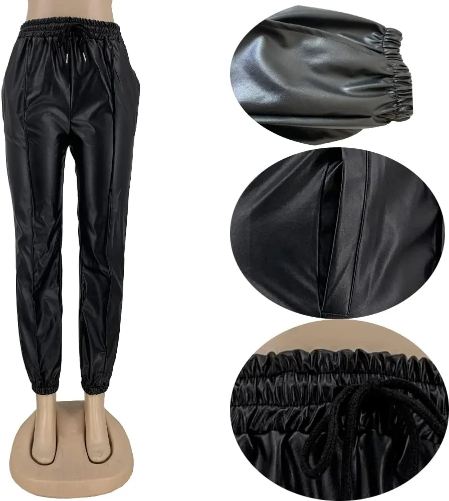 Tcremisa Women's Faux Leather Pants Drawstring Elastic High Waist Joggers Casual Loose Trousers with Pockets
