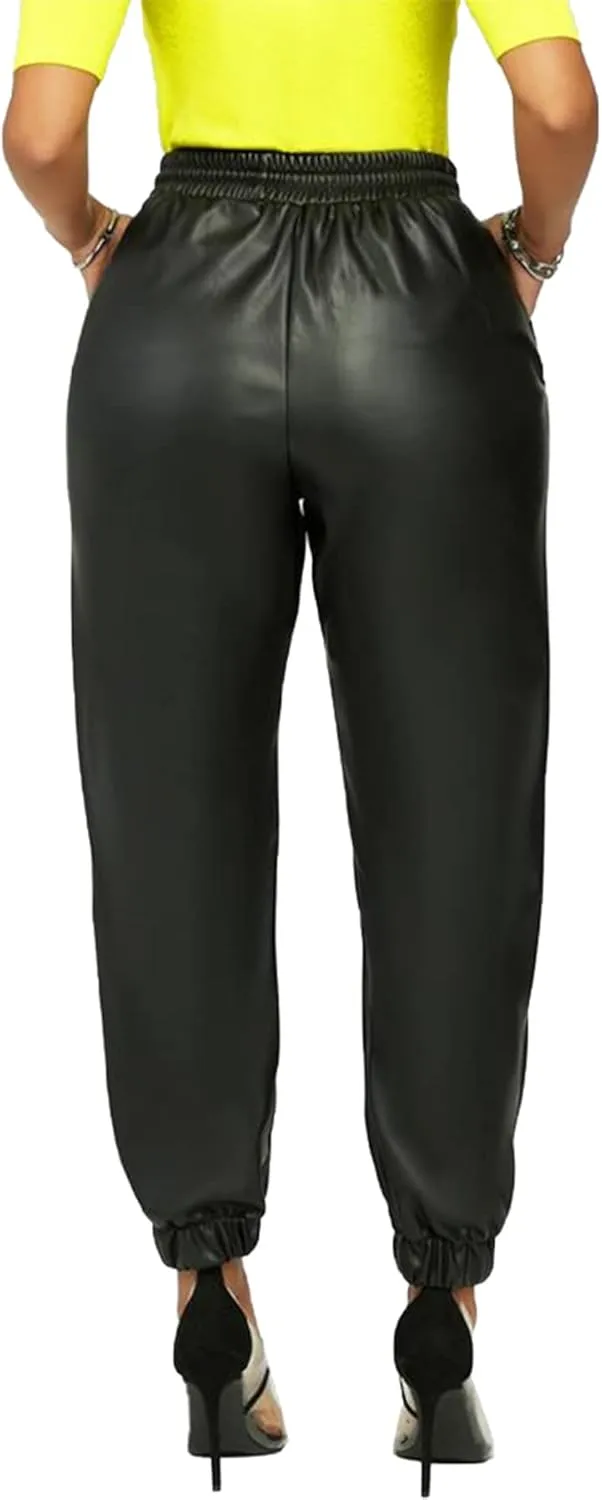Tcremisa Women's Faux Leather Pants Drawstring Elastic High Waist Joggers Casual Loose Trousers with Pockets