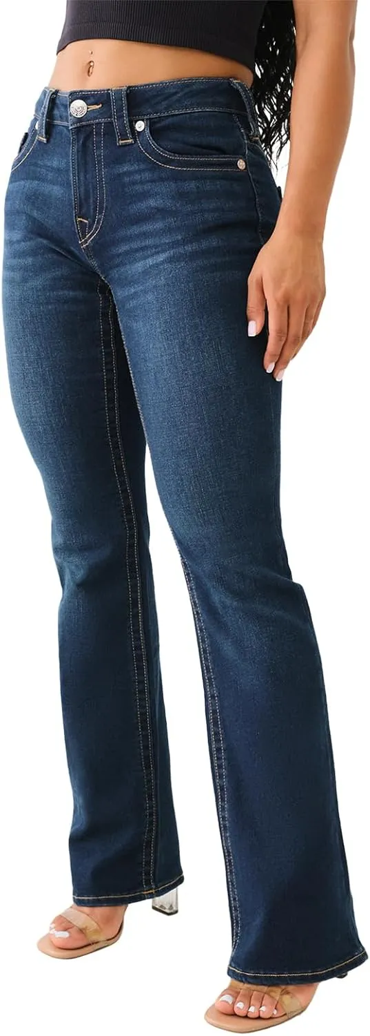 True Religion Women's Becca Mid Rise Bootcut Crystal Flap - Single Needle Stitching Peak Spot Jeans Pant