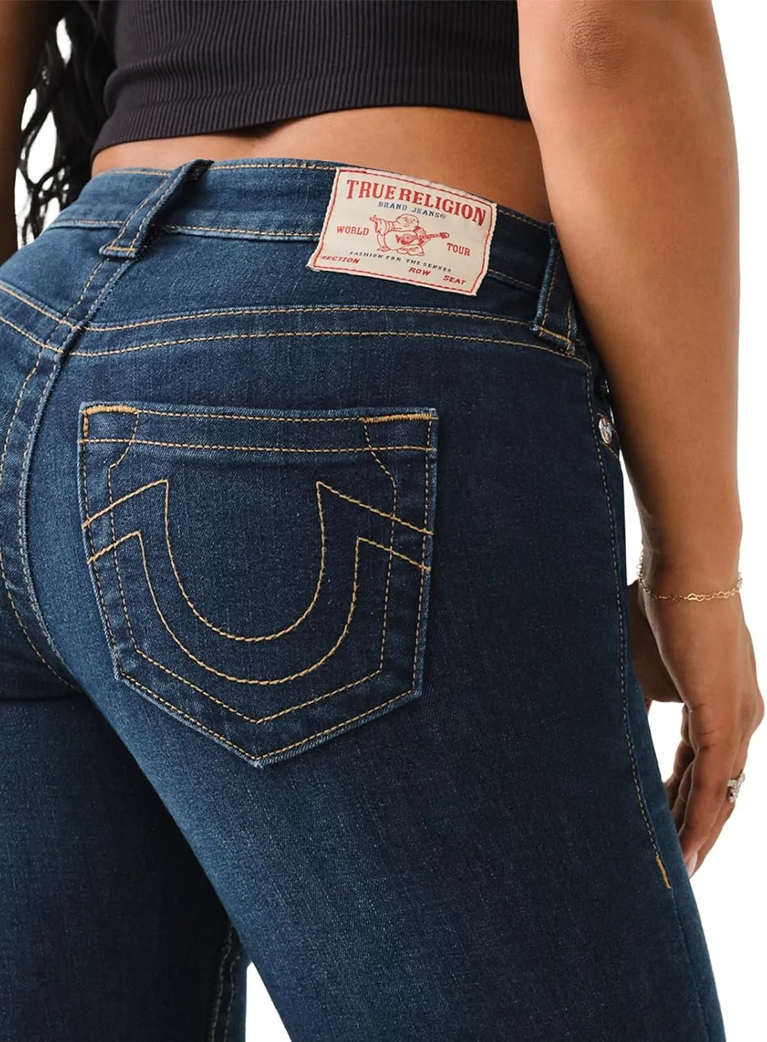 True Religion Women's Becca Mid Rise Bootcut Crystal Flap - Single Needle Stitching Peak Spot Jeans Pant