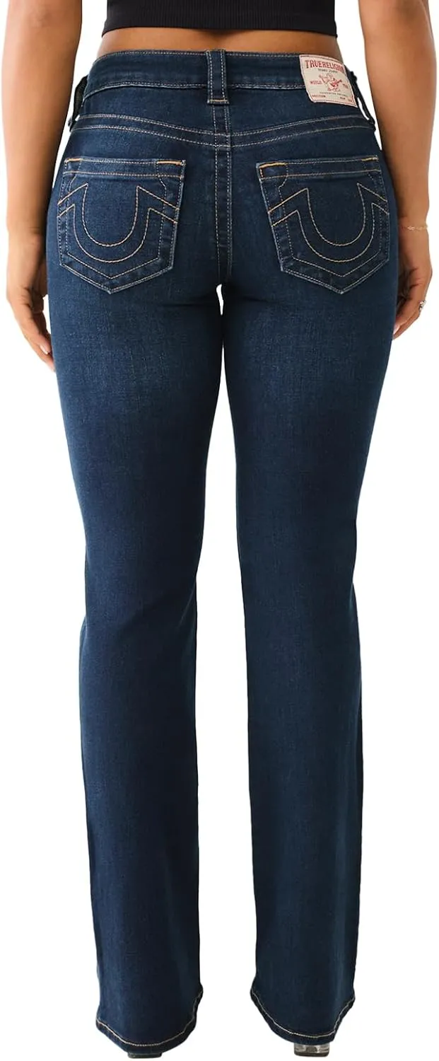 True Religion Women's Becca Mid Rise Bootcut Crystal Flap - Single Needle Stitching Peak Spot Jeans Pant