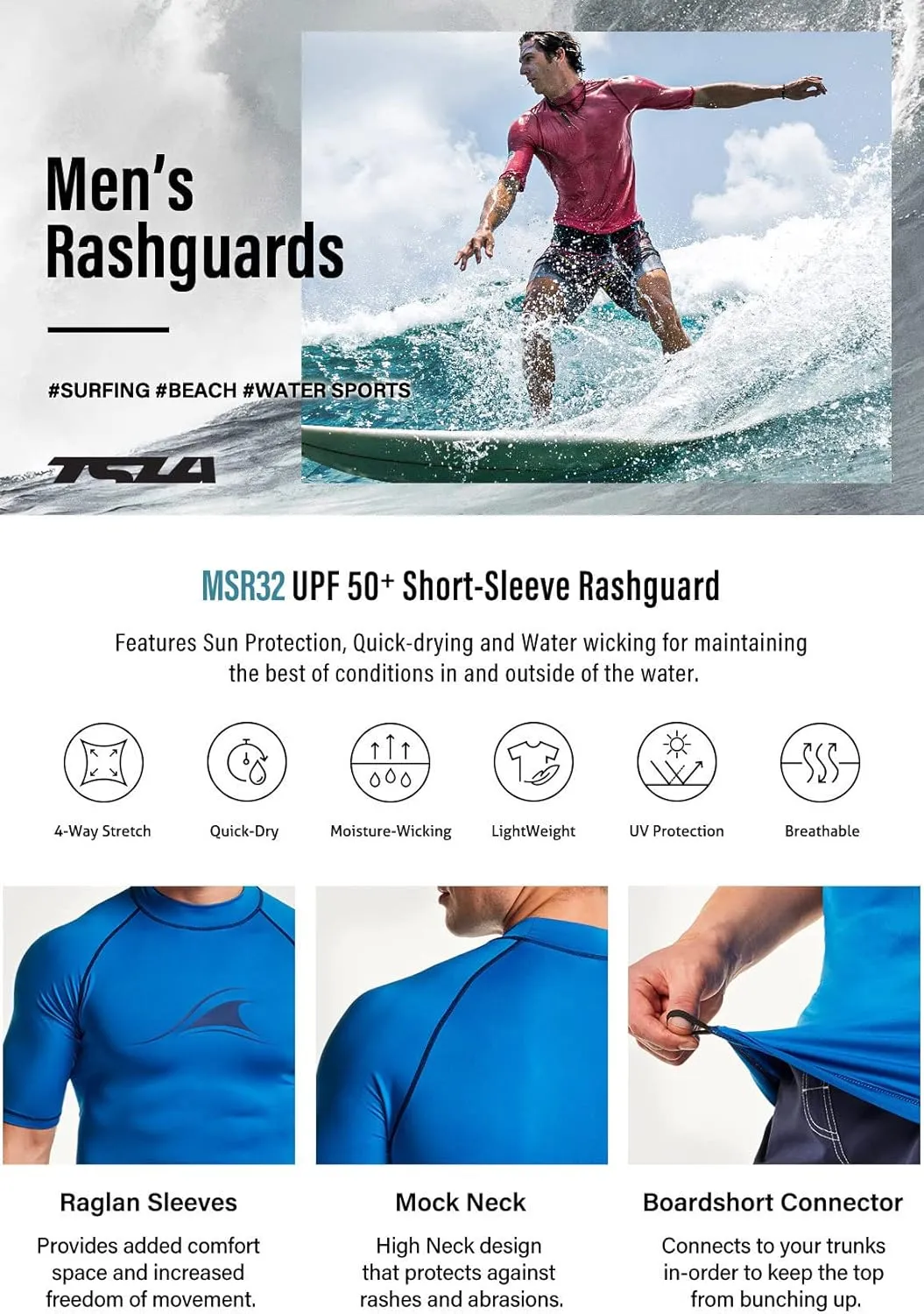 TSLA Men's Rash Guard Swim Shirts, UPF 50  Quick Dry Mid/Short Sleeve Swimming Shirt, UV/SPF Water Surf Shirts