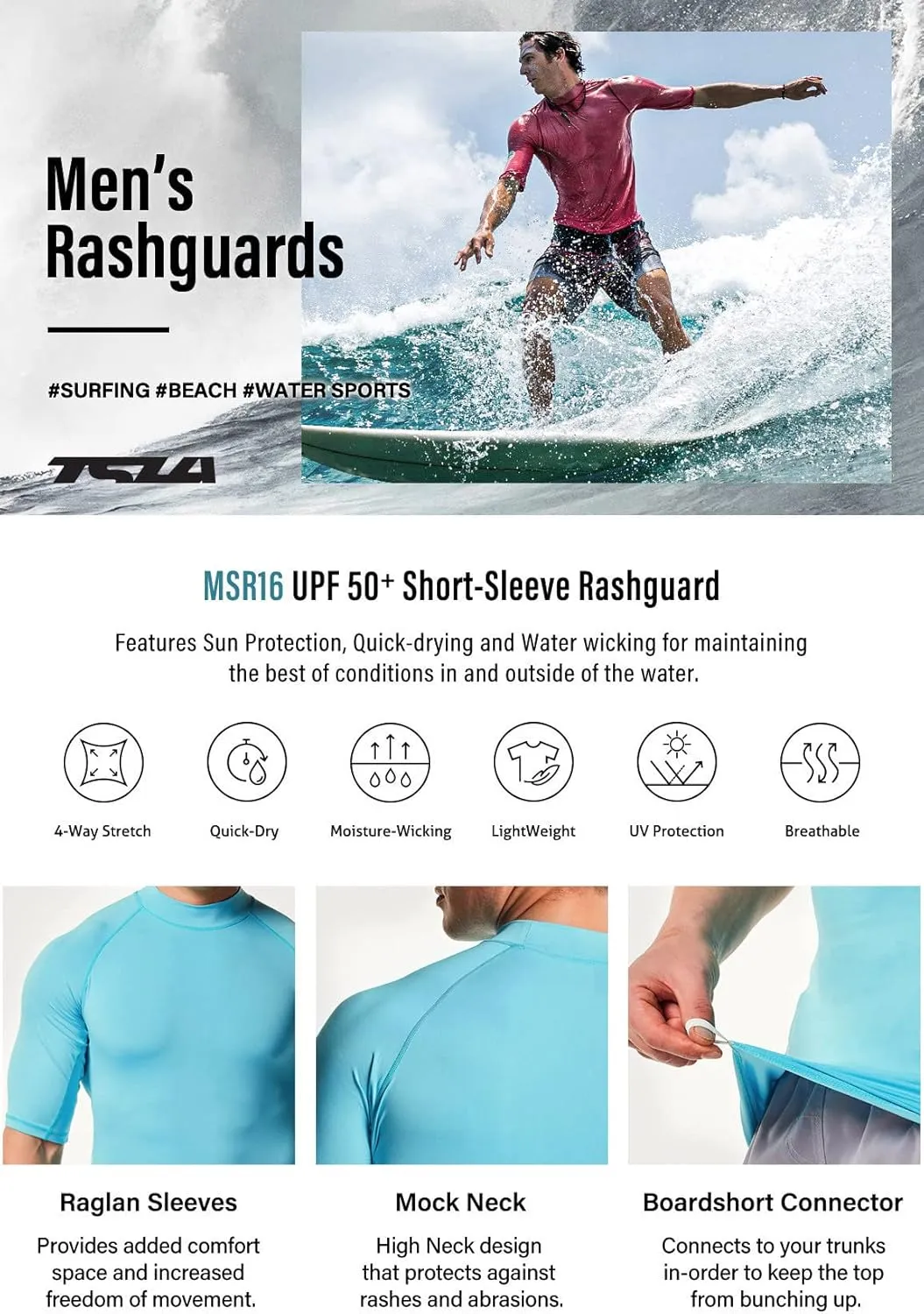 TSLA Men's Rash Guard Swim Shirts, UPF 50  Quick Dry Mid/Short Sleeve Swimming Shirt, UV/SPF Water Surf Shirts