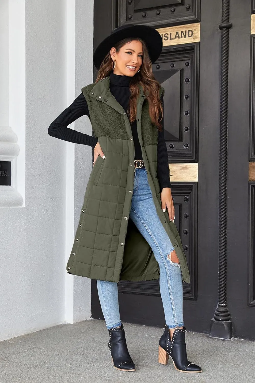 UMEKO Women's Long Puffer Vest Fleece Jacket Winter Button Down Sleeveless Coats