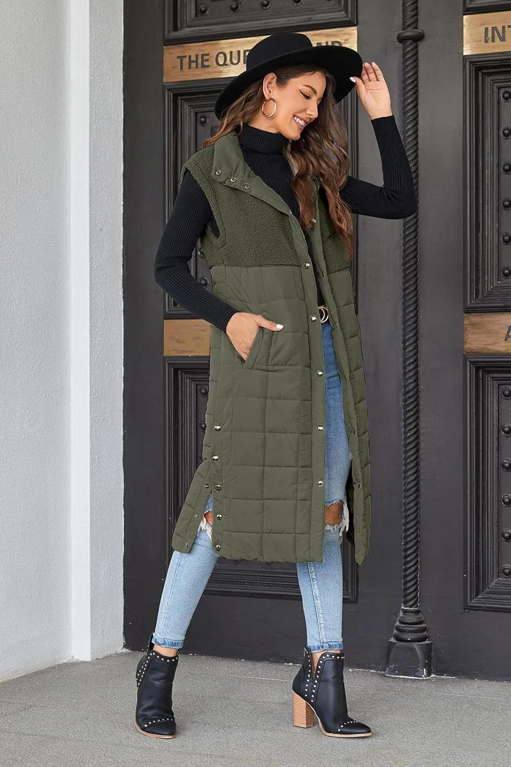 UMEKO Women's Long Puffer Vest Fleece Jacket Winter Button Down Sleeveless Coats
