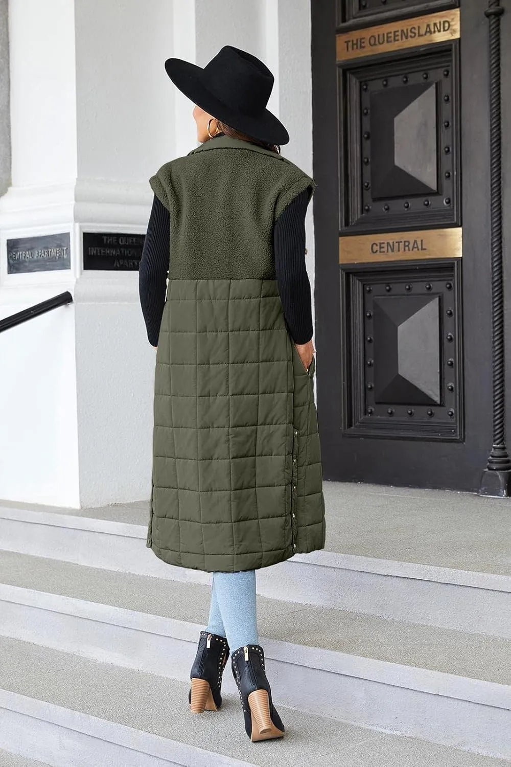 UMEKO Women's Long Puffer Vest Fleece Jacket Winter Button Down Sleeveless Coats