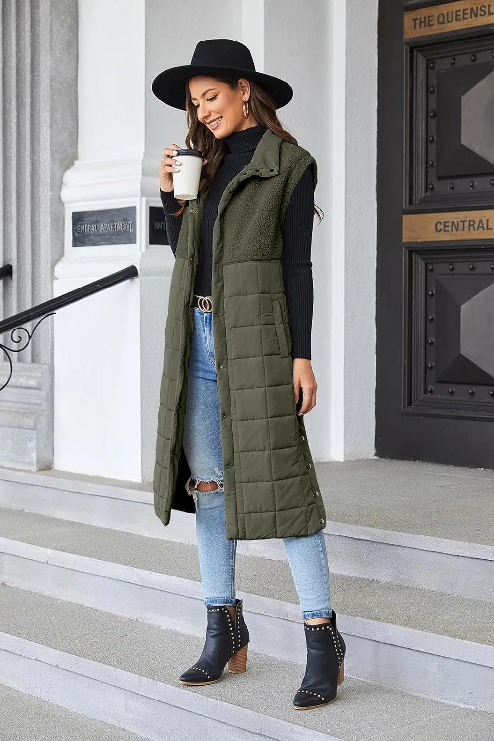 UMEKO Women's Long Puffer Vest Fleece Jacket Winter Button Down Sleeveless Coats