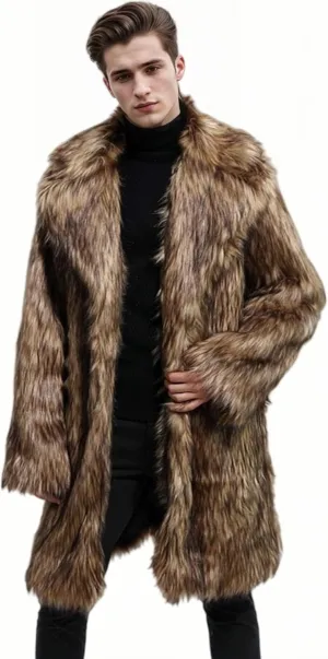 UMREN Men's Luxury Faux Fur Coat Jacket Winter Warm Long Coats Overwear Outwear