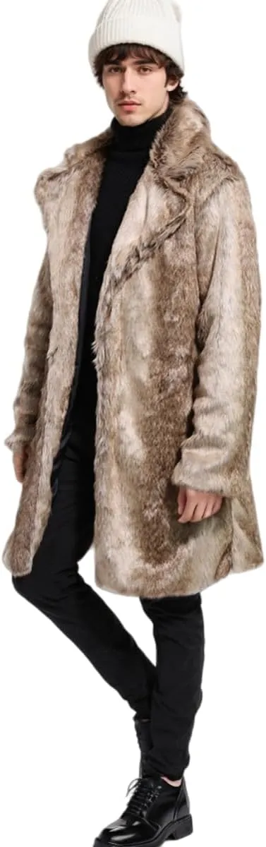 UMREN Men's Luxury Faux Fur Coat Jacket Winter Warm Long Coats Overwear Outwear