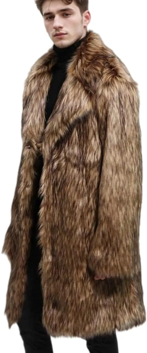 UMREN Men's Luxury Faux Fur Coat Jacket Winter Warm Long Coats Overwear Outwear