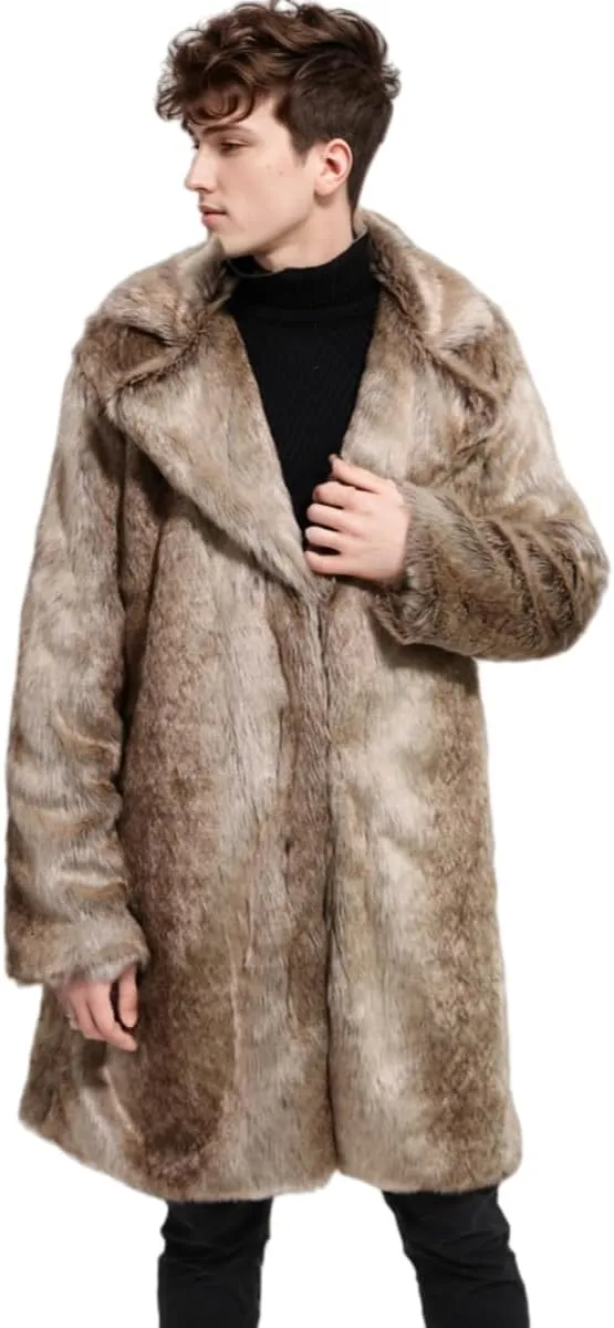 UMREN Men's Luxury Faux Fur Coat Jacket Winter Warm Long Coats Overwear Outwear