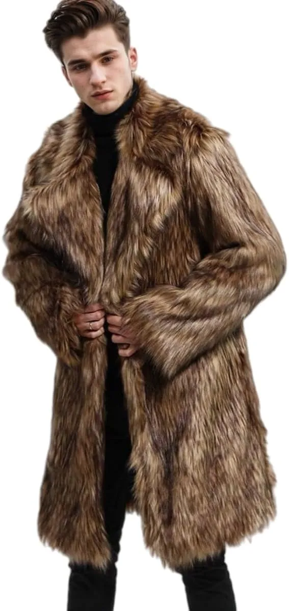UMREN Men's Luxury Faux Fur Coat Jacket Winter Warm Long Coats Overwear Outwear