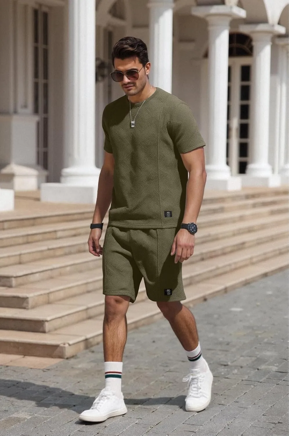 UOUA Mens Short Sets 2 Piece Summer Outfits Casual Short Sleeve Crew-Neck Shirts & Shorts Track Suit Jogging Loungewear