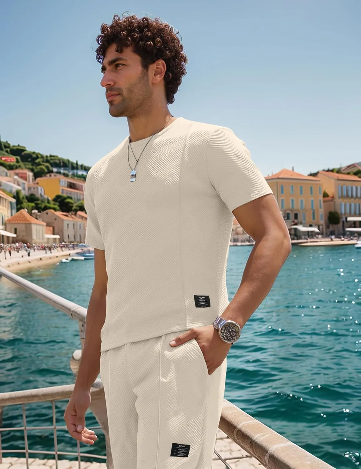 UOUA Mens Short Sets 2 Piece Summer Outfits Casual Short Sleeve Crew-Neck Shirts & Shorts Track Suit Jogging Loungewear