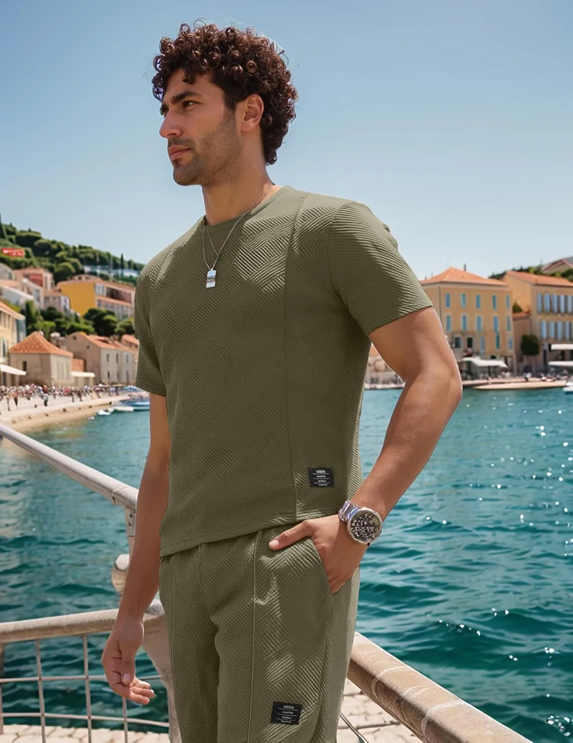 UOUA Mens Short Sets 2 Piece Summer Outfits Casual Short Sleeve Crew-Neck Shirts & Shorts Track Suit Jogging Loungewear