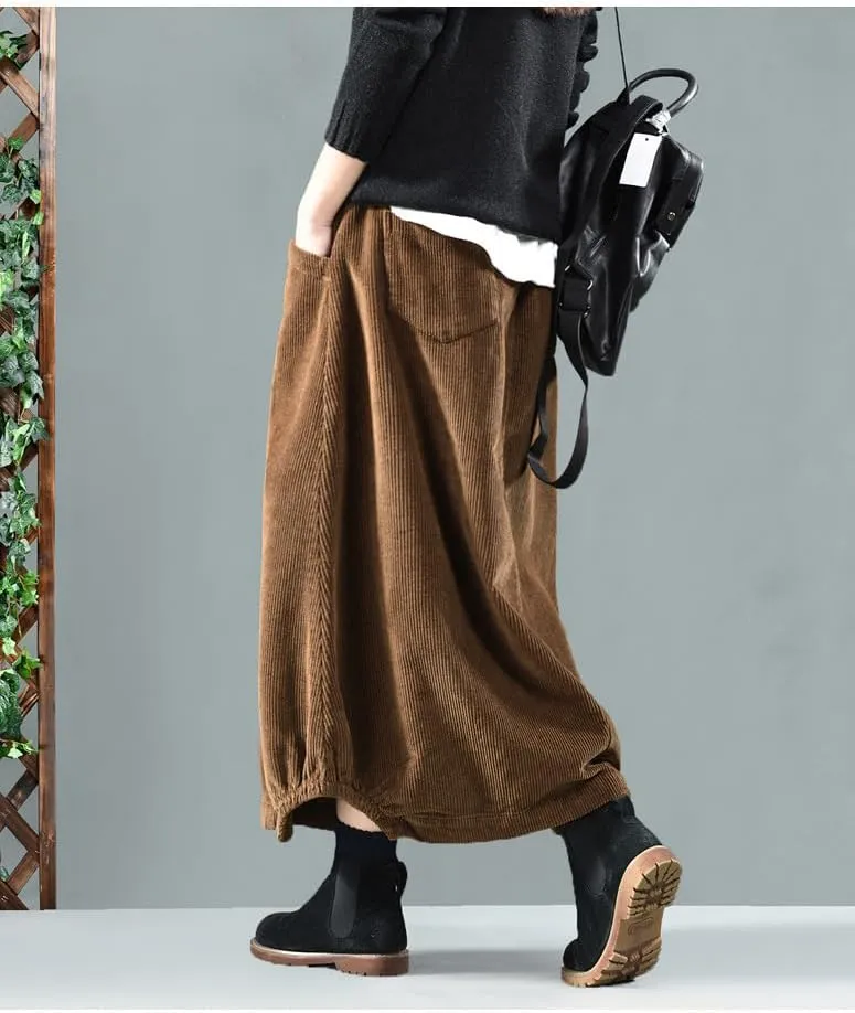 utcoco Womens Fall Corduroy Bubble Long Skirts Elastic Waist A Line Swing Maxi Skirt with Pockets