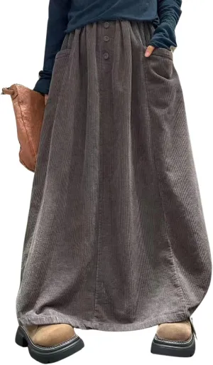 utcoco Womens Fall Corduroy Bubble Long Skirts Elastic Waist A Line Swing Maxi Skirt with Pockets