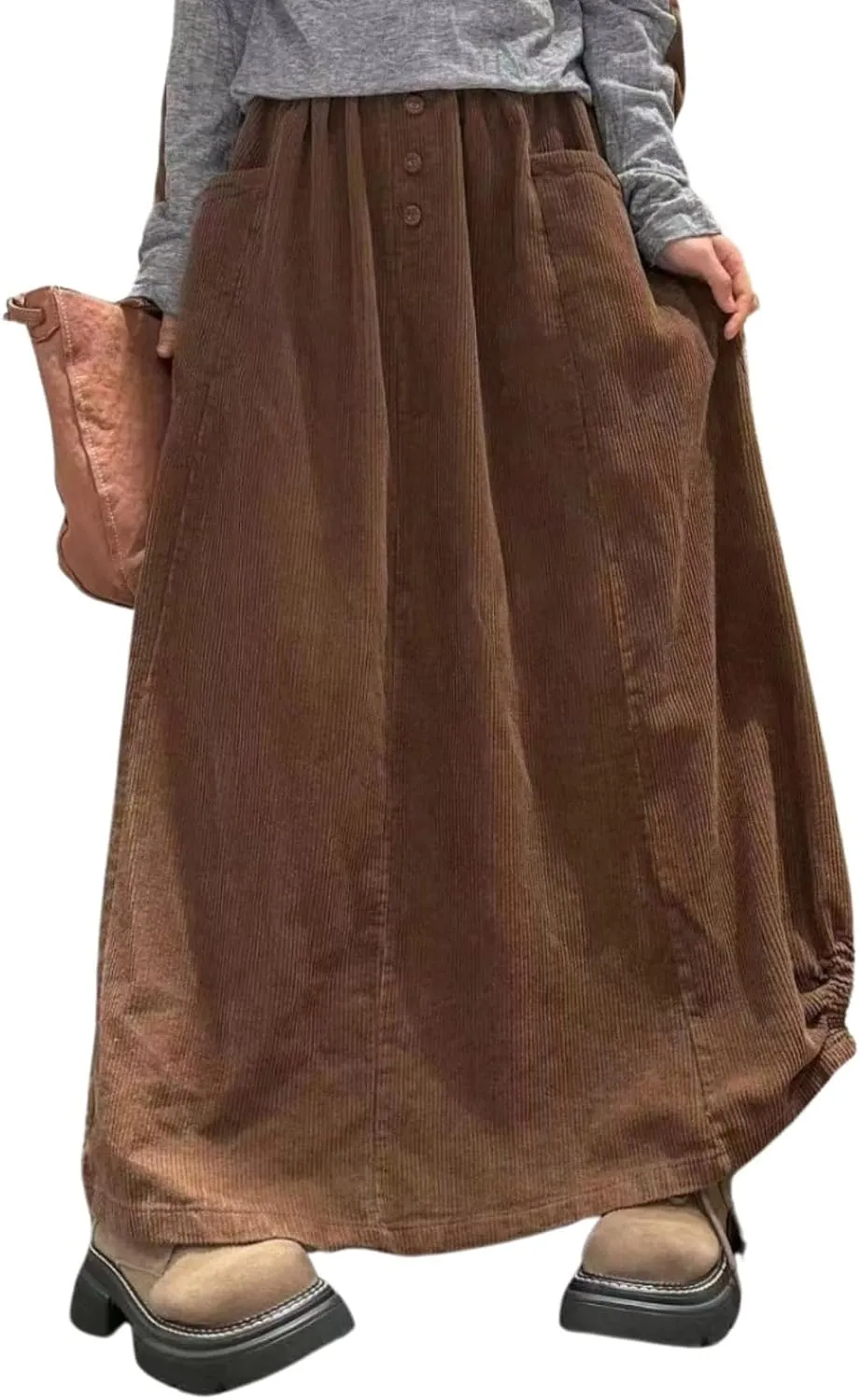 utcoco Womens Fall Corduroy Bubble Long Skirts Elastic Waist A Line Swing Maxi Skirt with Pockets