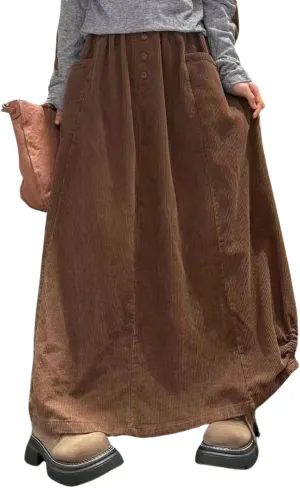 utcoco Womens Fall Corduroy Bubble Long Skirts Elastic Waist A Line Swing Maxi Skirt with Pockets