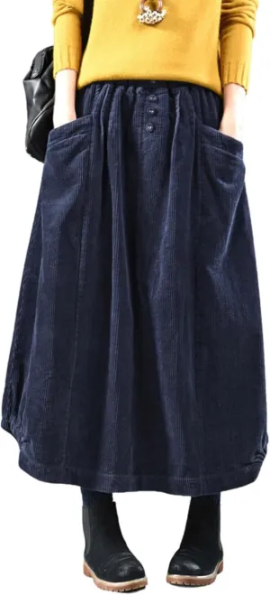 utcoco Womens Fall Corduroy Bubble Long Skirts Elastic Waist A Line Swing Maxi Skirt with Pockets