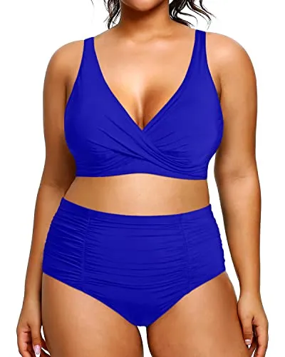V Neck 2 Piece Plus Size Bikini Tummy Control High Waisted Bathing Suits-Royal Blue