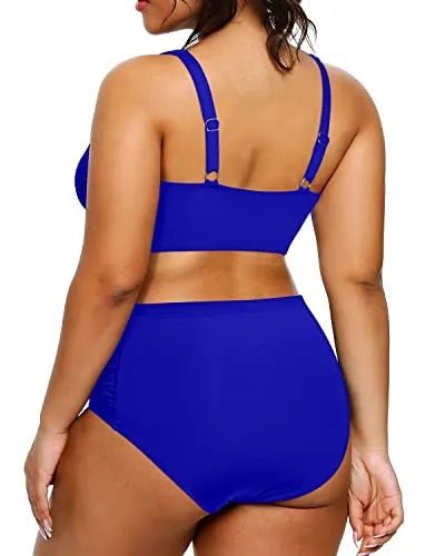 V Neck 2 Piece Plus Size Bikini Tummy Control High Waisted Bathing Suits-Royal Blue