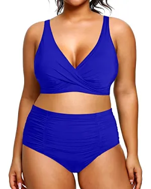V Neck 2 Piece Plus Size Bikini Tummy Control High Waisted Bathing Suits-Royal Blue