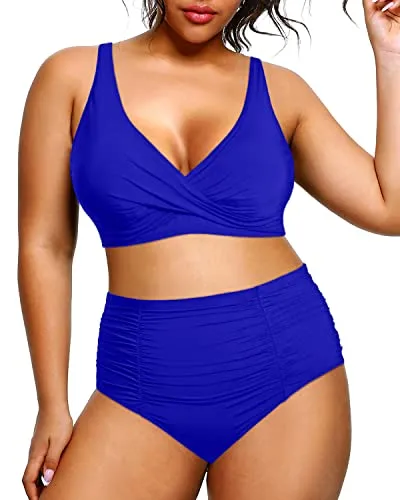 V Neck 2 Piece Plus Size Bikini Tummy Control High Waisted Bathing Suits-Royal Blue