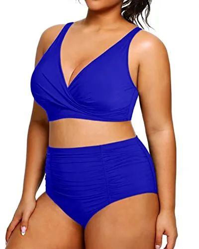 V Neck 2 Piece Plus Size Bikini Tummy Control High Waisted Bathing Suits-Royal Blue