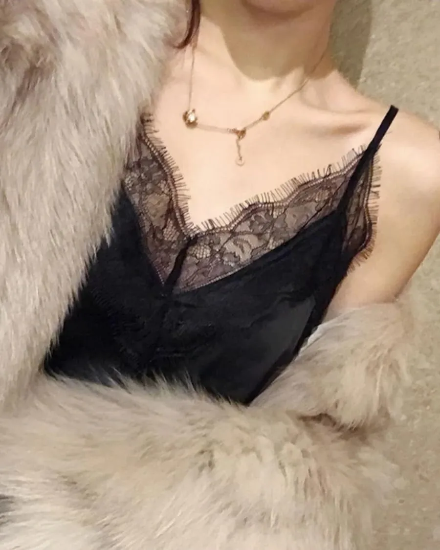 V-Neck Lace Silk Camisole for Women  19 Momme Silk Charmeuse Spaghetti Strap Tank Top, Elegant Lace Trim