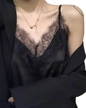 V-Neck Lace Silk Camisole for Women  19 Momme Silk Charmeuse Spaghetti Strap Tank Top, Elegant Lace Trim