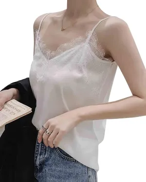 V-Neck Lace Silk Camisole for Women  19 Momme Silk Charmeuse Spaghetti Strap Tank Top, Elegant Lace Trim