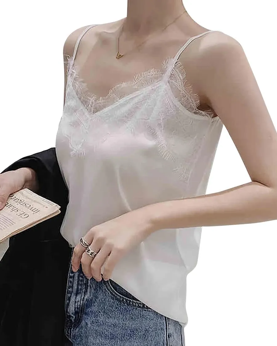 V-Neck Lace Silk Camisole for Women  19 Momme Silk Charmeuse Spaghetti Strap Tank Top, Elegant Lace Trim