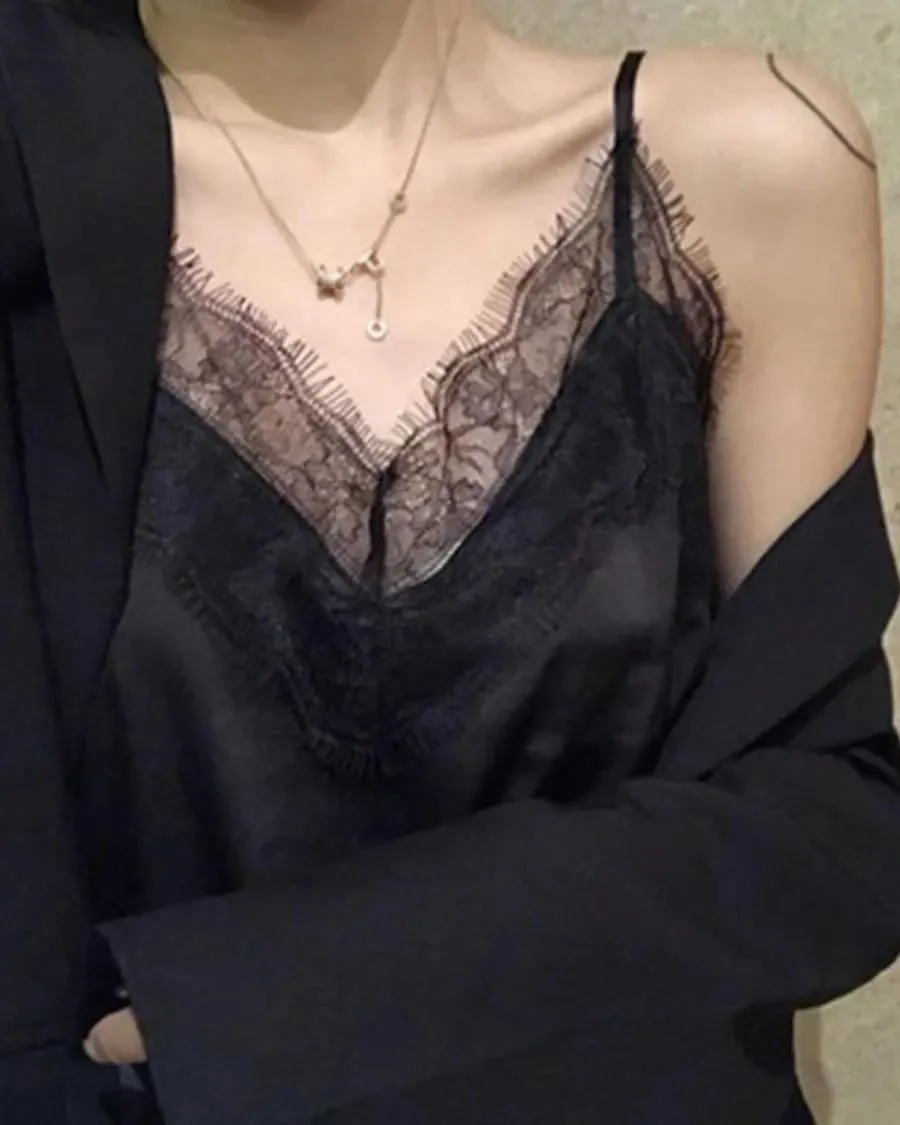 V-Neck Lace Silk Camisole for Women  19 Momme Silk Charmeuse Spaghetti Strap Tank Top, Elegant Lace Trim