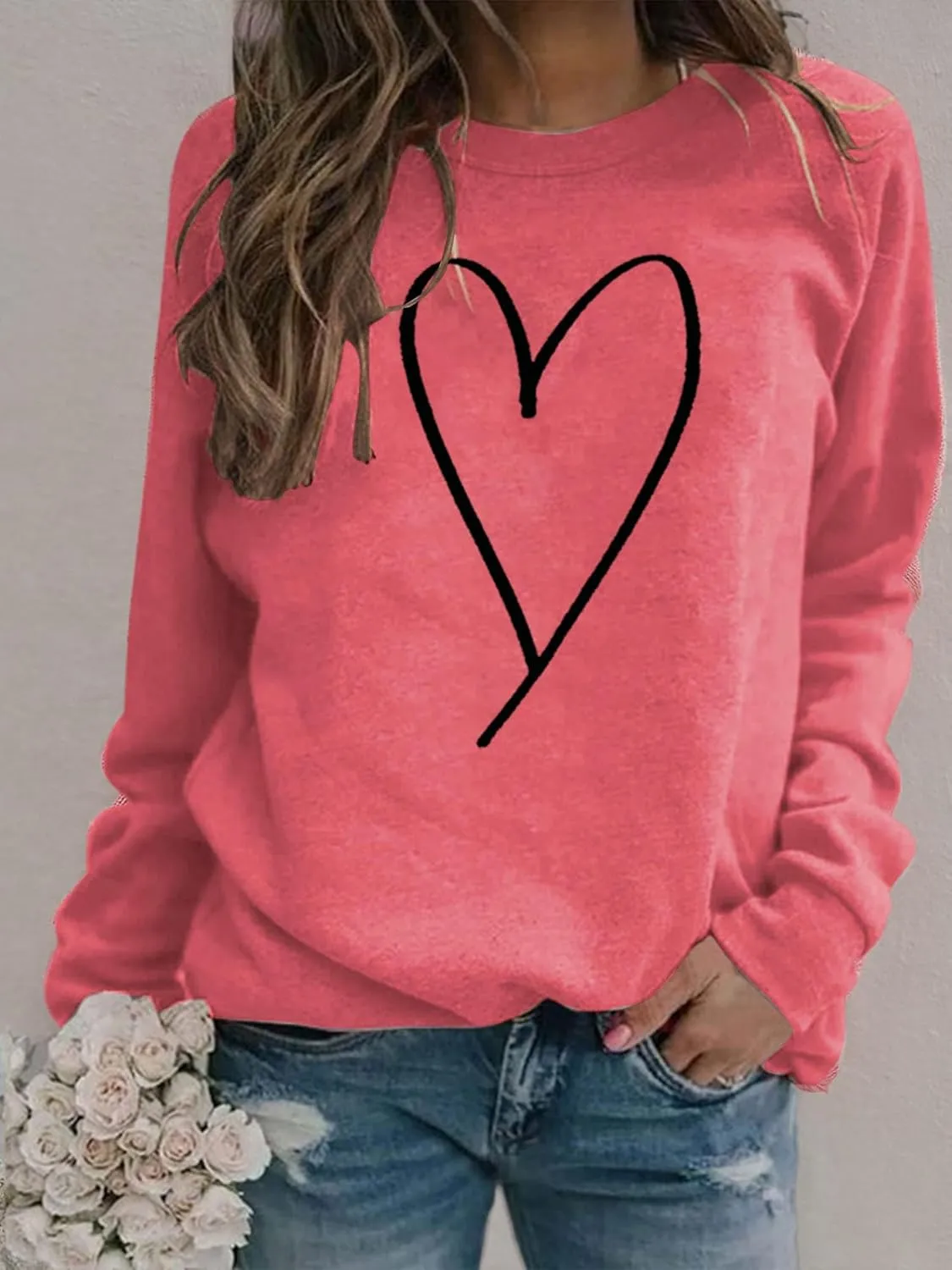 Valentines Crewneck Pullover Shirts Women Long Sleeve Love Heart Sweatshirts Graphic Lover Gift