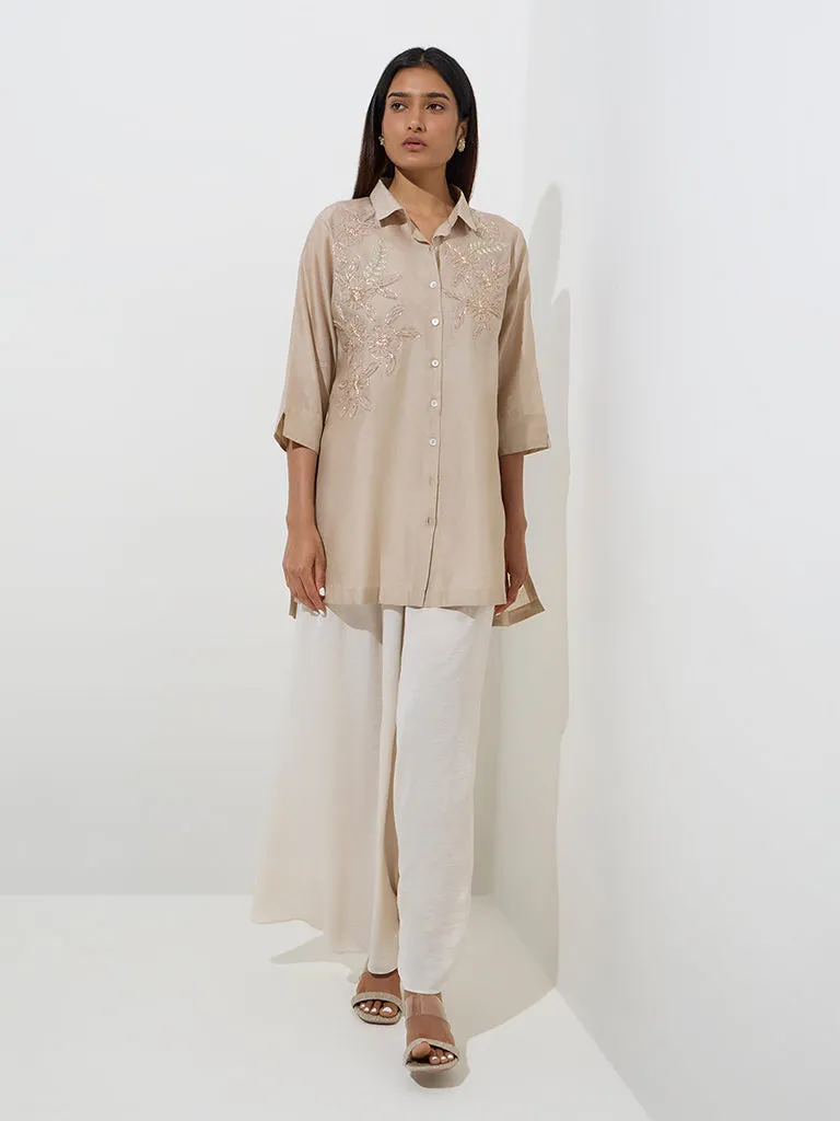 Vark Beige Floral Embellished Cotton-Blend Kurti with Inner