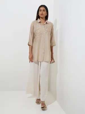 Vark Beige Floral Embellished Cotton-Blend Kurti with Inner