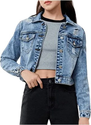 Verdusa Girl's Ripped Button Front Long Sleeve Flap Pocket Collared Denim Jacket Coats