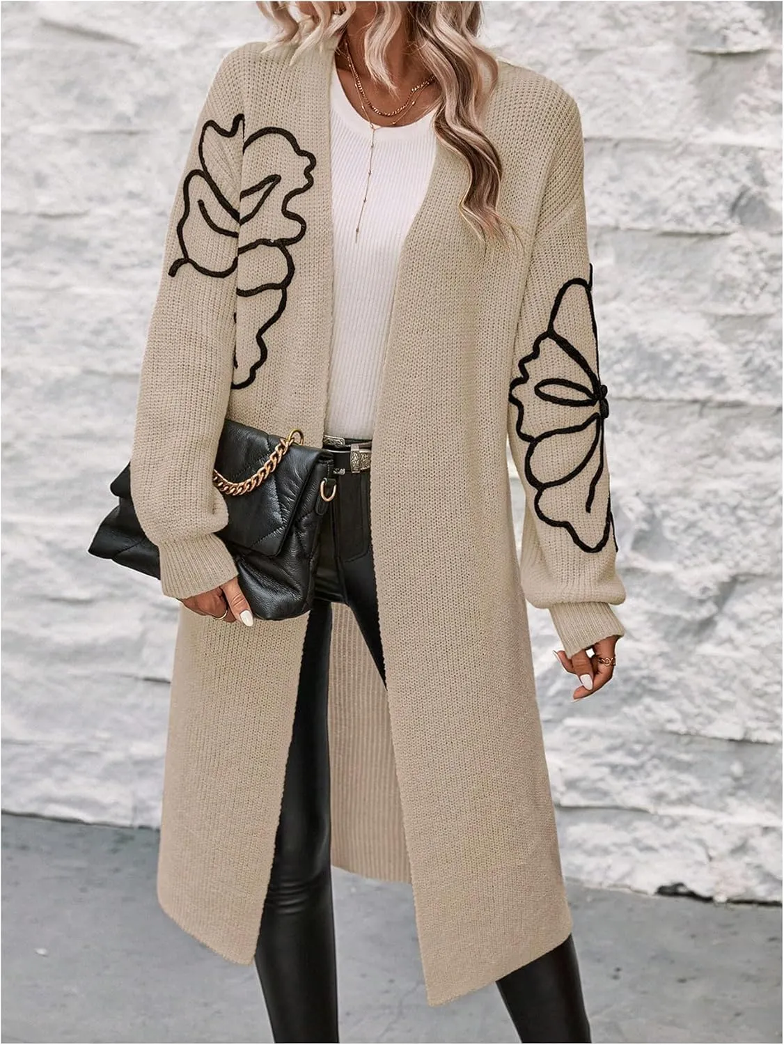 Verdusa Women's Floral Print Loose Open Front Long Knit Cardigan Casual Sweater Coats