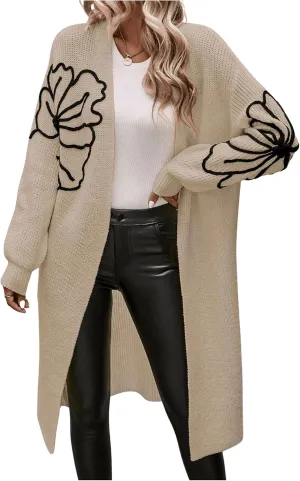 Verdusa Women's Floral Print Loose Open Front Long Knit Cardigan Casual Sweater Coats