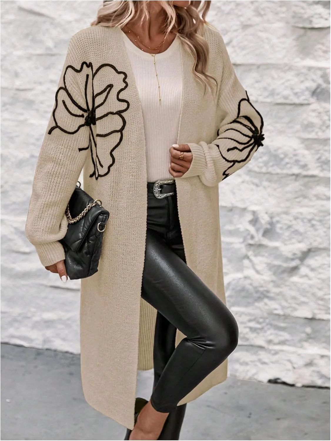 Verdusa Women's Floral Print Loose Open Front Long Knit Cardigan Casual Sweater Coats