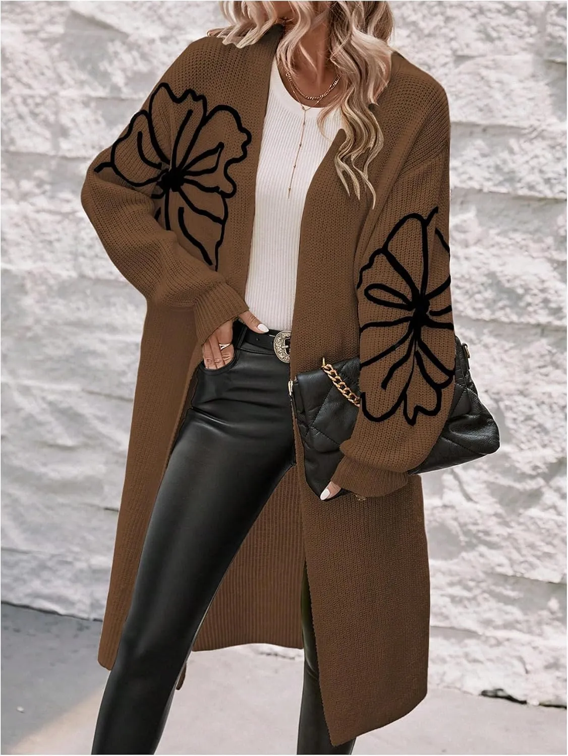 Verdusa Women's Floral Print Loose Open Front Long Knit Cardigan Casual Sweater Coats
